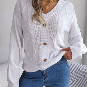 Cable-Knit Buttoned V-Neck Sweater