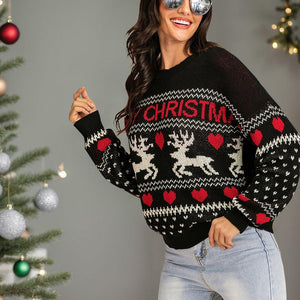 Perfee Christmas Element Round Neck Sweater