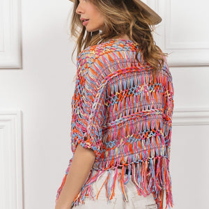 BiBi Open Front Fringed Crop Knit Cardigan