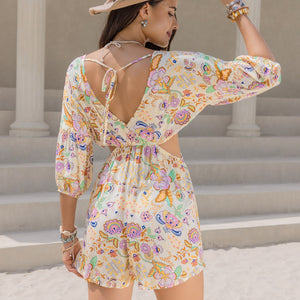 Cutout Printed Half Sleeve Romper