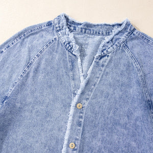 Raw Hem Button Down Long Sleeve Denim Dress