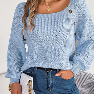 Openwork Buttoned Square Neck Sweater