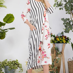 Celeste Full Size Floral Striped Contrast Midi-Dress with Pockets