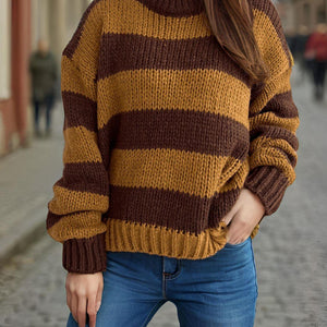 Contrast Striped Round Neck Long Sleeve Sweater