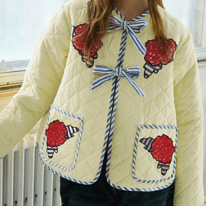 Embroidered Flower Tied Long Sleeve Winter Coat