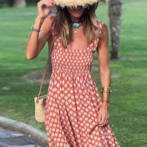 Smocked Printed Square Neck Sleeveless Dress