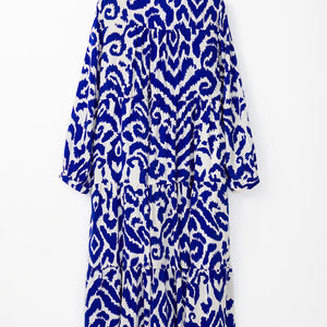 Tiered Printed Notched Long Sleeve Midi Dress