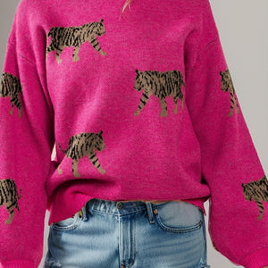 Tiger Pattern Round Neck Drop Shoulder Sweater