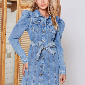 Tied Button Up Collared Neck Denim Dress