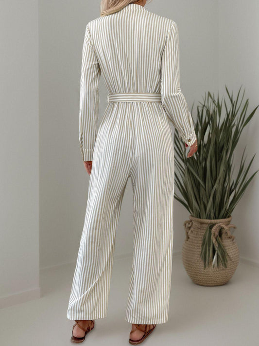 Striped Notched Long Sleeve Tie Waist Jumpsuit