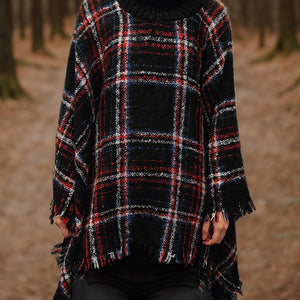 Shiny Turtleneck Plaid Raw Hem Sweater