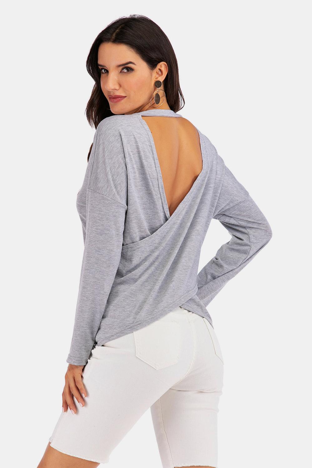 Perfee V-Neck Drop Shoulder Open Back Sweatshirt