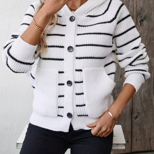 Striped Button Up Long Sleeve Hooded Cardigan