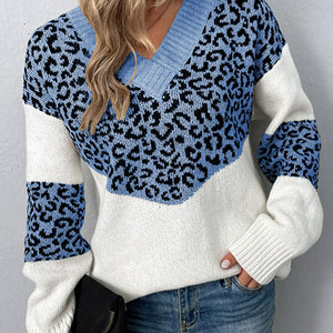 Leopard V-Neck Dropped Shoulder Sweater