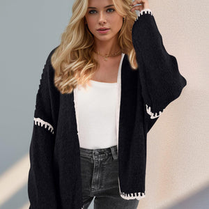 Double Take Contrast Open Front Dropped Shoulder Cardigan