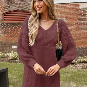 Perfee V-Neck Long Sleeve Sweater Dress