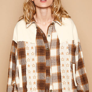 POL Plaid & Star Patchwork Contrast Long Sleeve Shacket