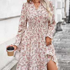 Ruffle Hem Floral Surplice Long Sleeve Dress