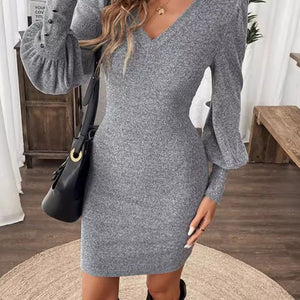 V-Neck Lantern Sleeve Dress