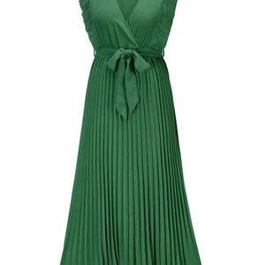 Tied Surplice Cap Sleeve Pleated Dress