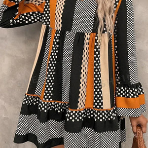 Printed Notched Long Sleeve Mini Dress