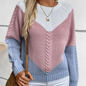 Color Block Round Neck Long Sleeve Sweater