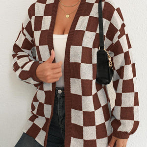 Checkered Open Front Long Sleeve Cardigan