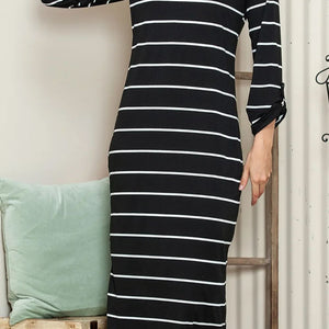 Slit Striped Scoop Neck Long Sleeve Midi Tee Dress