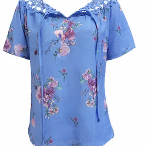 Full Size Printed Tie Neck Short Sleeve Blouse