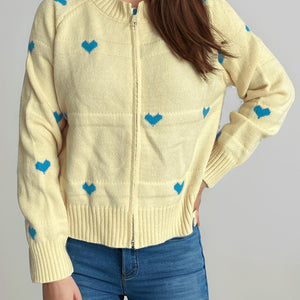 Heart Round Neck Zip Up Cardigan