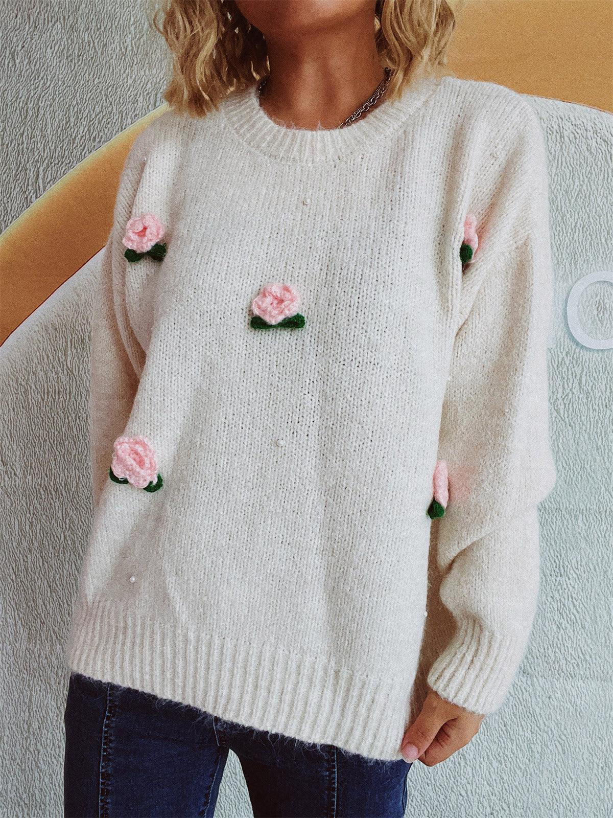 Flower Round Neck Long Sleeve Sweater