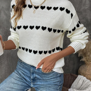 Perfee Heart Round Neck Long Sleeve Sweater