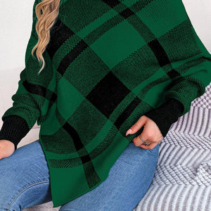 Plaid Turtleneck Batwing Sleeve Sweater