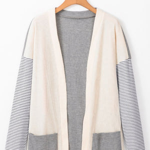 Open Front Long Sleeve Striped Cardigan with Pockets