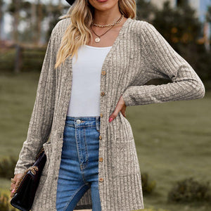 Ribbed Button-Up Cardigan with Pockets