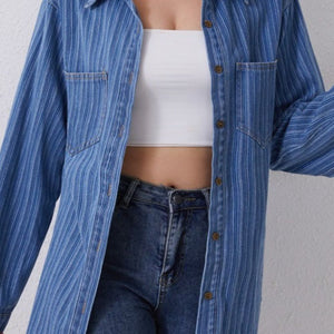 Striped Texture Collared Neck Denim Top