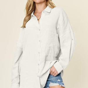 Double Take Full Size Pocketed Texture Button Up Shirt