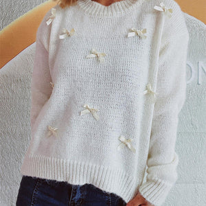 Bow Trim Round Neck Long Sleeve Sweater