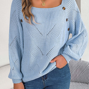 Openwork Buttoned Square Neck Sweater