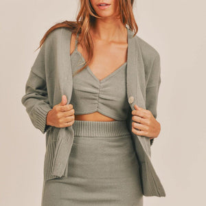 MABLE 3 Pieces Sweater Set with Crop Cami, Mini Skirt, Cardigan