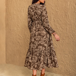 Ruched Printed V-Neck Long Sleeve Midi Dress