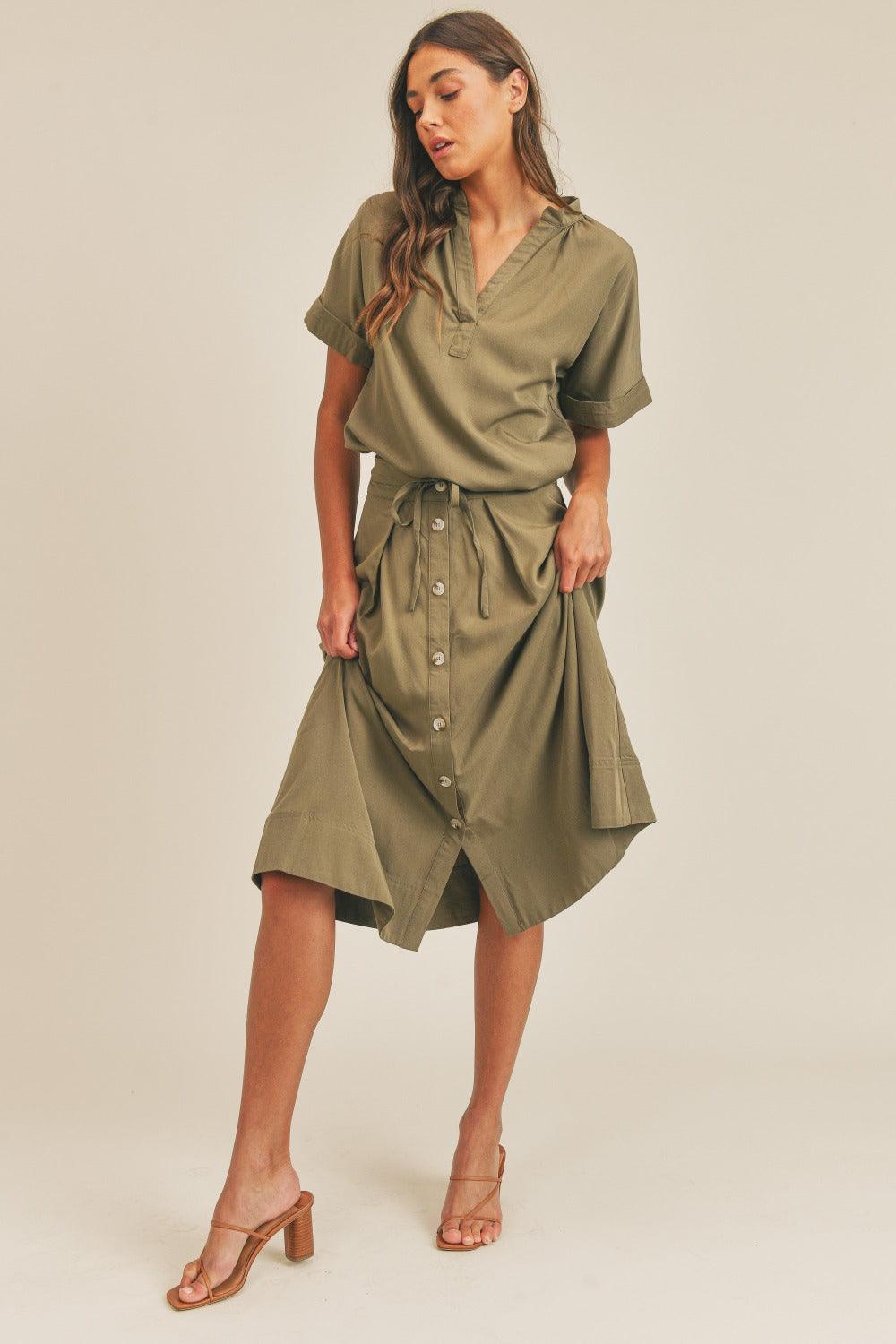 MABLE Short Sleeve Top and Button Down Midi Skirt Set