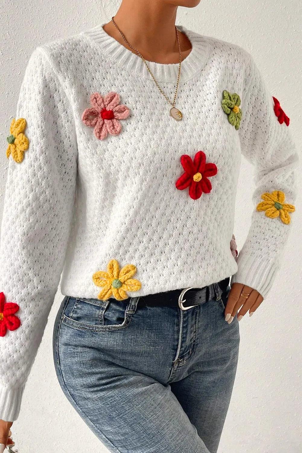 Crochet Flower Round Neck Sweater