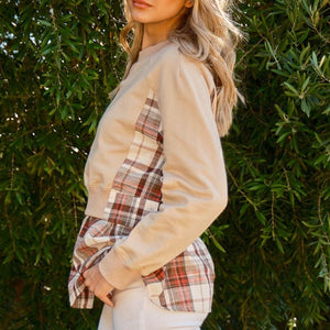 And The Why Full Size Double Layered Plaid Contrast Sweatshirt