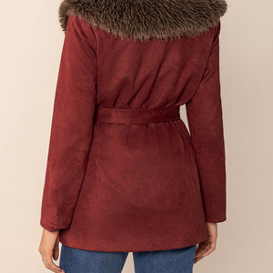 Fuzzy Collared Neck Tie Waist Jacket