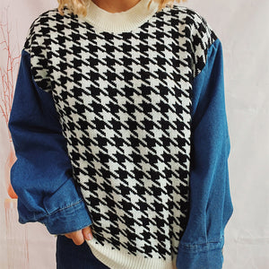 Houndstooth Denim Sleeve Sweater