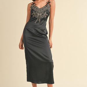 Mable Embroidered Cami Satin Midi Slit Dress