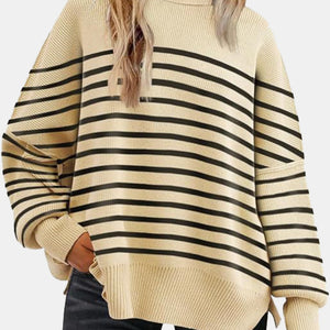 Round Neck Drop Shoulder Slit Sweater