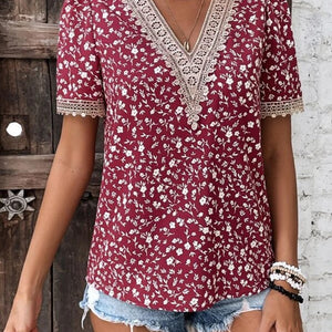 Full Size Printed V-Neck Short Sleeve Blouse