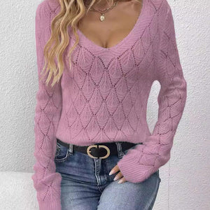 Openwork V-Neck Long Sleeve Sweater